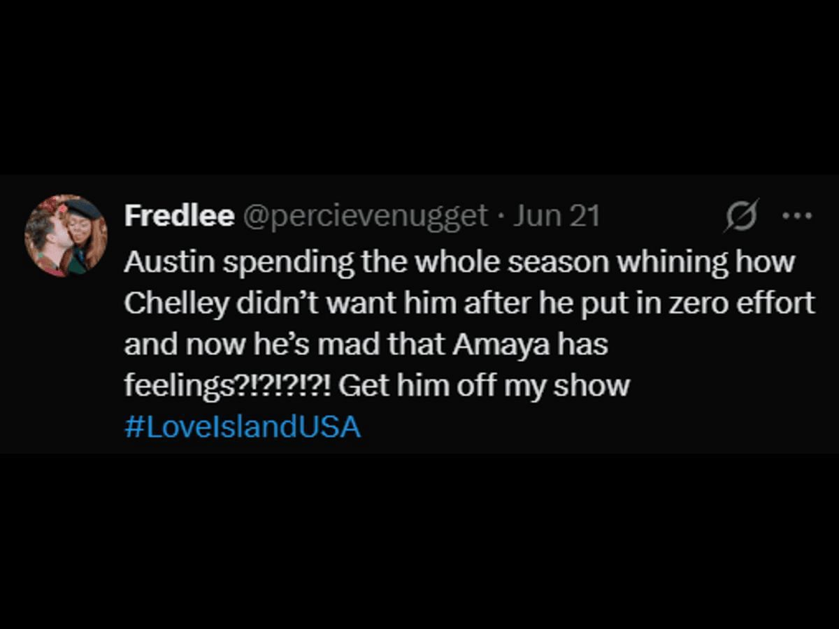 A Love Island USA fan reacts to Austin's comments about Amaya (Image via X/ @percievenugget)